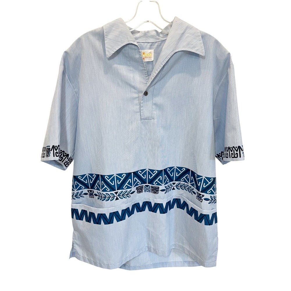 Vintage 70s Iolani Hawaii Men Blue Tribal Geometric Print Pullover Shirt LARGE - Picture 2 of 9